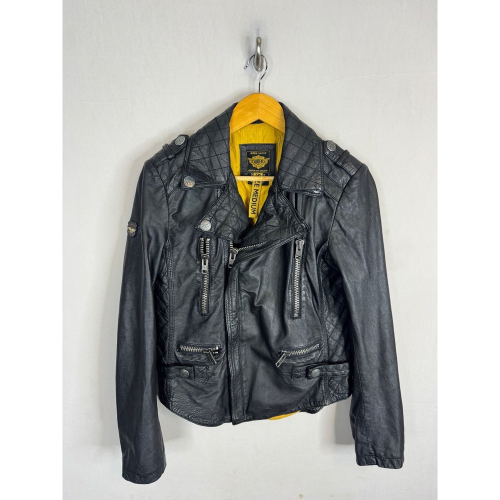 Superdry Biker Denim Black Leather Moto Jacket Quilted Yellow Lining M / S